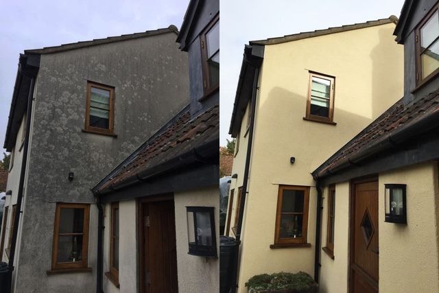 Before and after render cleaning showing dramatic transformation of a house exterior in Northern Ireland