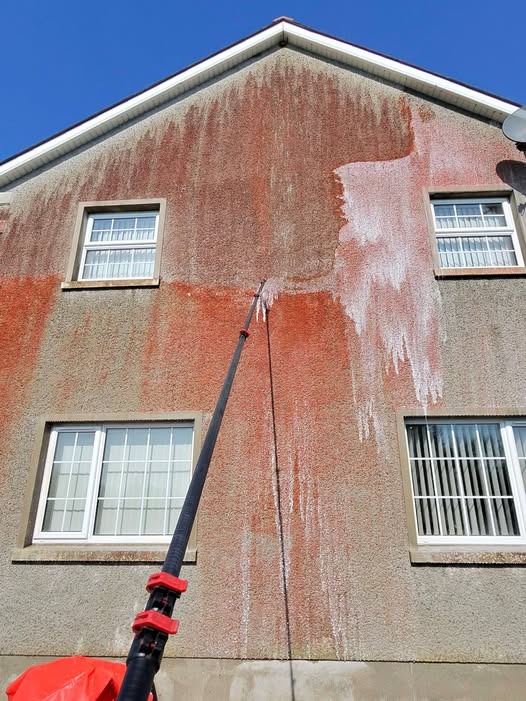 Red Trentepohlia algae covering a building exterior before professional render cleaning
